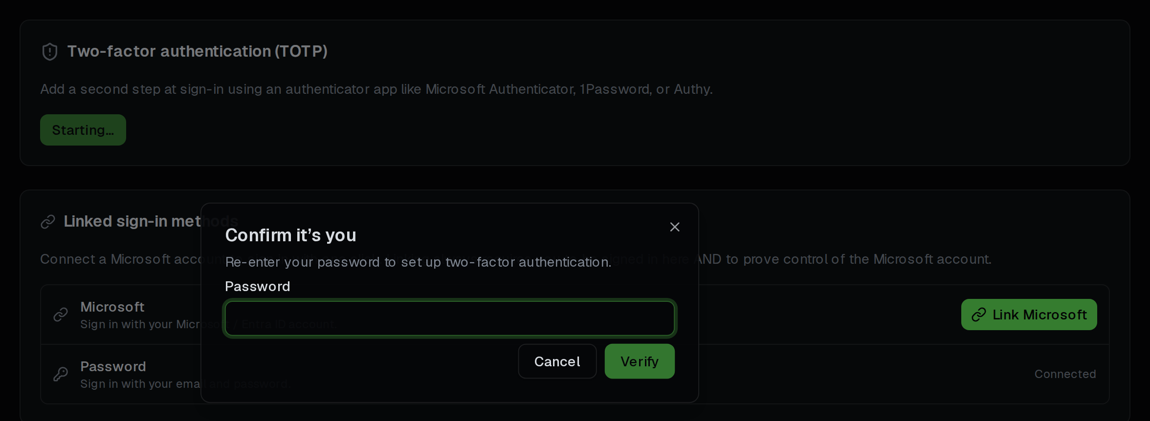 The step-up re-authentication dialog on the Settings → Security page, asking the signed-in admin to re-enter their password before starting two-factor authentication setup