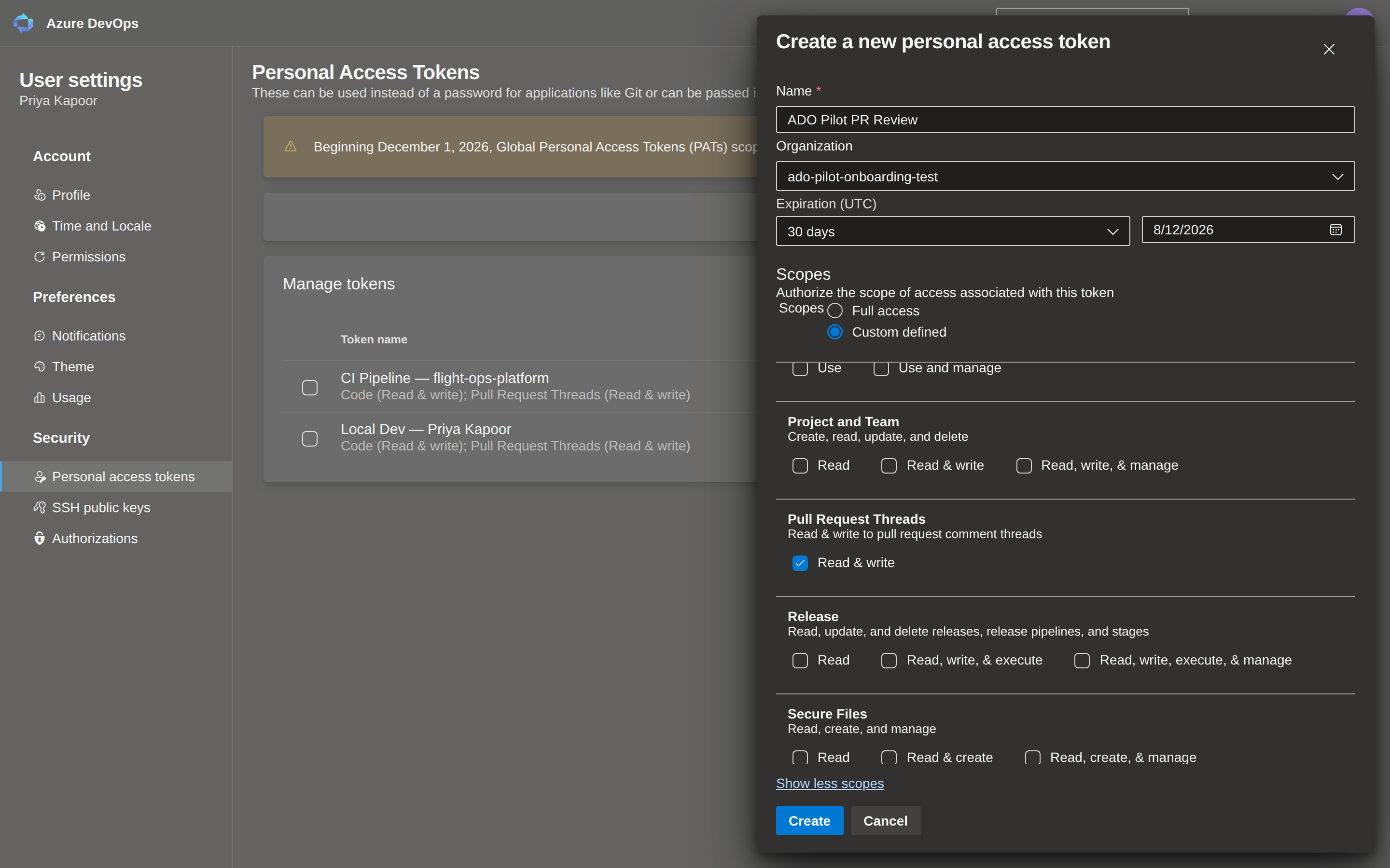 Azure DevOps New Token form with Custom defined selected and Code (Read), Code (Status), and Pull Request Threads (Read & write) checked