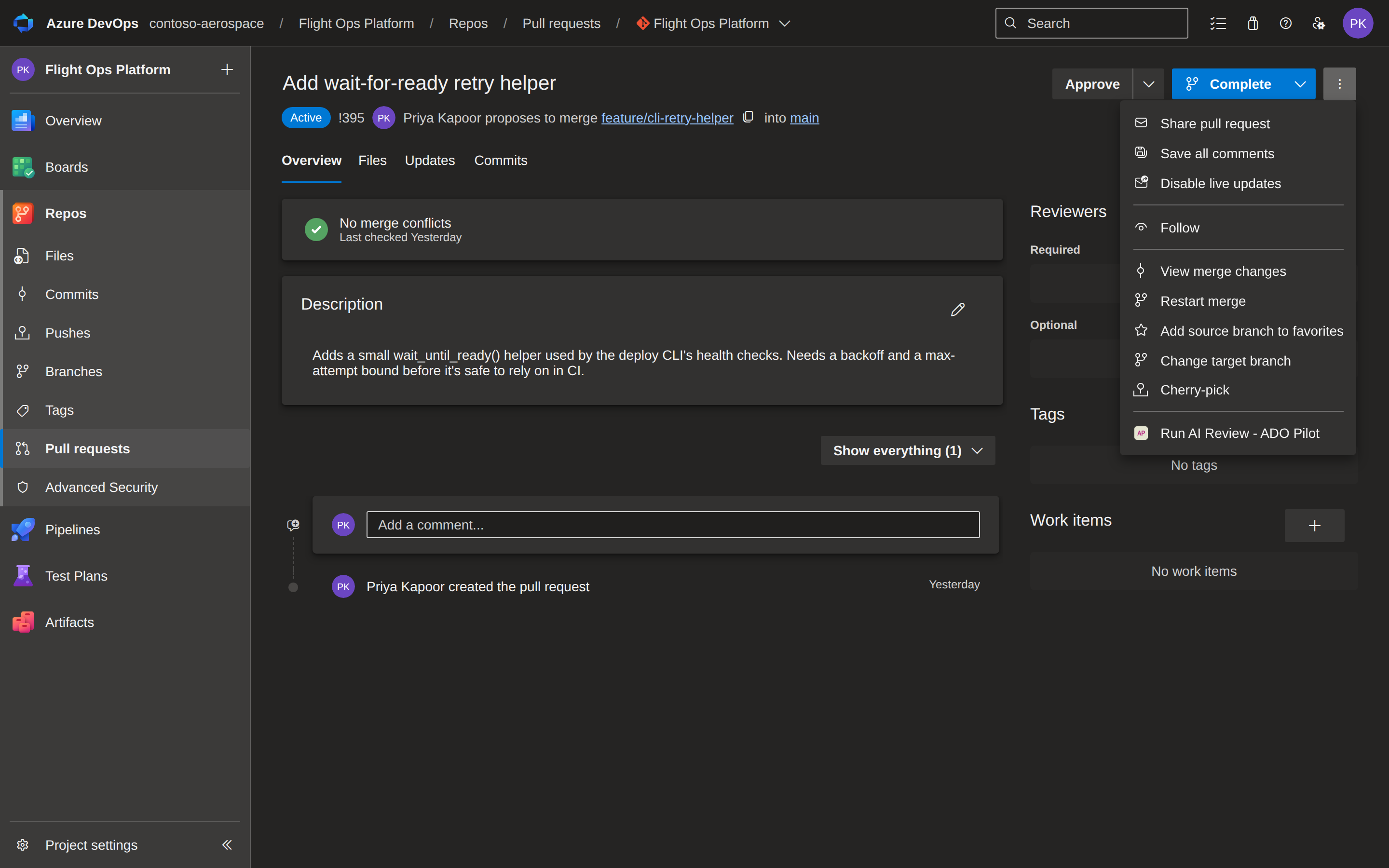 The three-dot overflow menu on a pull request page showing the Run AI Review entry at the bottom of the list
