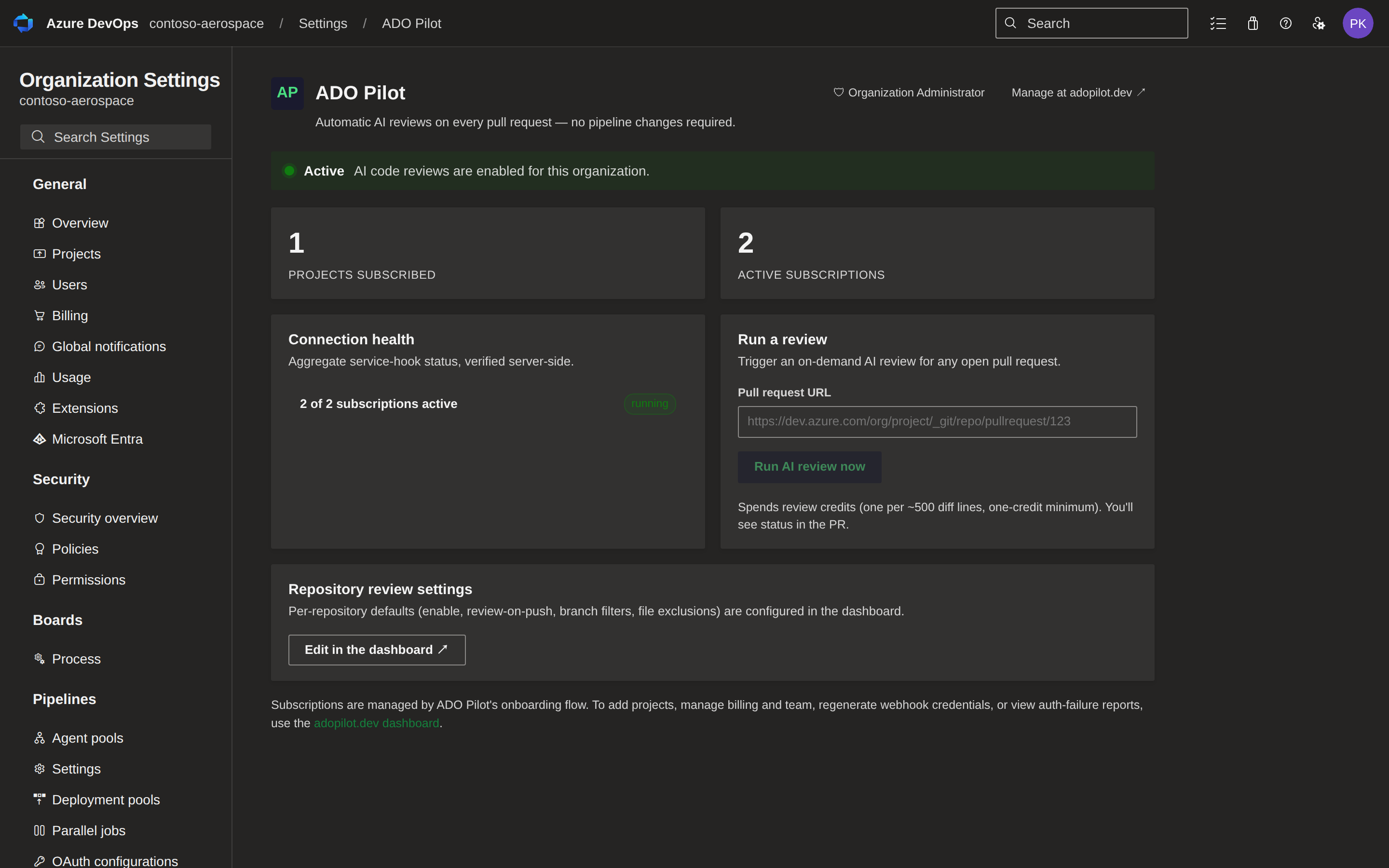 ADO Pilot Settings Hub in Active state showing status banner, aggregate connection-health summary, Run a review form, and Repository review settings card